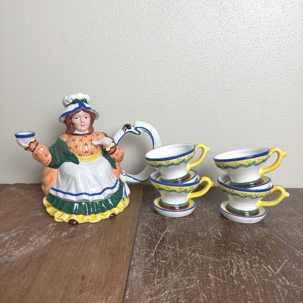 DEPT 56 Storybook Little Miss Muffet‎ Teapot 4 Cups Hand Painted Nursery Rhyme
